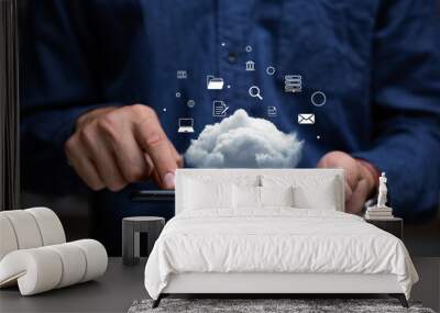 Hand of businessman using smartphone with cloud computing, Computer system resources and data storage, Cloud service technologies concept. Wall mural