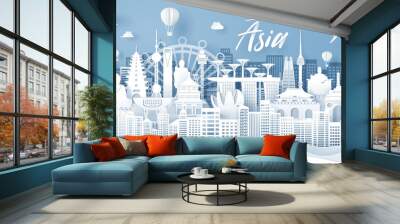 Paper cut of Asia landmark, Thailand, Singapore, Japan, India, Korea, China and Hong Kong. Asia travel and tourism concept. Wall mural