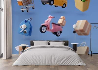 Set of 3d online shopping icon, Business and free shipping concept. Wall mural