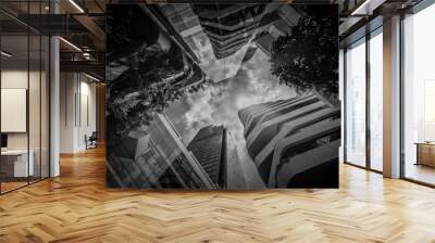 Reflex sky on downtown building with overhead perspective in black and white. Wall mural