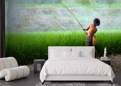 lifestyle asian boy fishing,happy children catch a fish in rice paddy countryside Thailand Wall mural