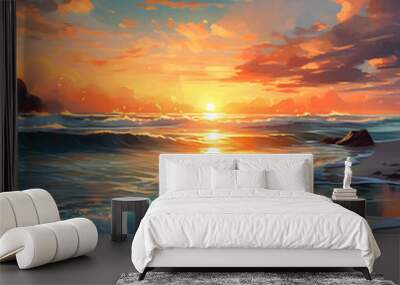 Realistic beach, sunset over ocean, Oil paint, AI Generated, Generative AI Wall mural