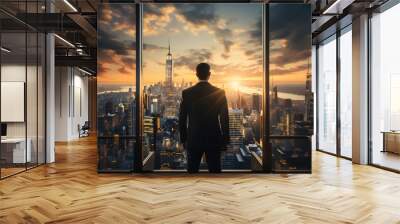 Standing tall against panoramic view, businessman is seen from behind, his attention fixed on vibrant cityscape below. cinematic daylight fills room., AI Generated, Generative AI Wall mural