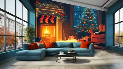 A cozy indoor Christmas scene in illustration style, showing a fireplace with stockings, a glowing tree with ornaments, and a cat sleeping on a comfy chair by the window.  Wall mural