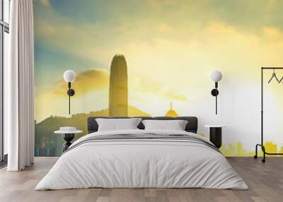 The Boat on Victoria harbour with sunset at Hong Kong. Wall mural