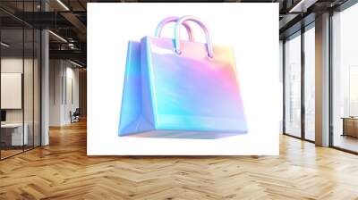 3D pastel iridescent bag with handles, showcasing a glossy finish and vibrant color gradient, ideal for stylish shopping and gift packaging. Isolated on transparent background, png. Wall mural