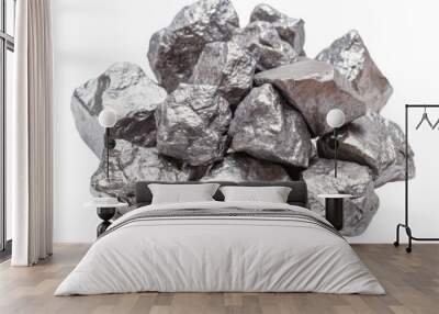 A pile of shiny aluminum ore rocks showcasing their natural, reflective surfaces and solid textures. Ideal for geological study and mineral collection. Isolated on transparent background, png. Wall mural