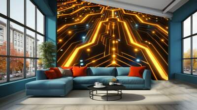 An abstract glowing circuit board with intricate yellow pathways and blue lights, representing advanced technology. Wall mural