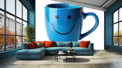 Cheerful Blue Mug With Smiling Face Design. This vibrant blue ceramic mug features a happy smiley face, perfect for a cheerful start to your day. Isolated on transparent background, png. Wall mural