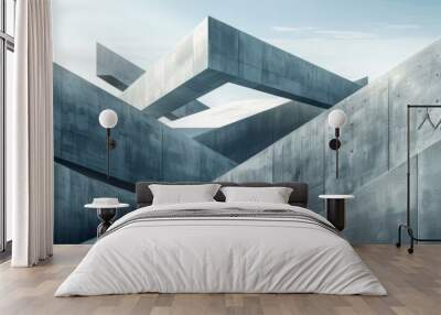 Geometric concrete structure with intersecting lines and angular forms, creating a modern and abstract architectural design. Wall mural