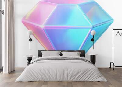 Glossy 3D diamond featuring pastel gradient colors of blue, pink, and purple. The smooth and geometric design adds a modern, elegant, and futuristic touch. Isolated on transparent background, png. Wall mural