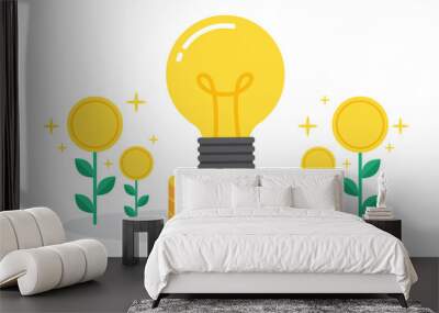 Glowing light bulb on the pile of coins with money trees. Creative concept of making money from business idea. Simple trendy cute vector illustration. Modern flat style. Abstract graphic design. Wall mural