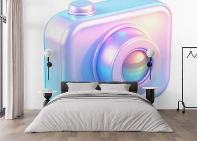 Sleek holographic 3D camera icon with an iridescent finish, perfect for representing modern photography and digital media themes. Isolated on transparent background, png. Wall mural