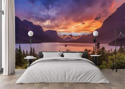 Beautiful sunset at St. Mary Lake in Glacier national park Wall mural