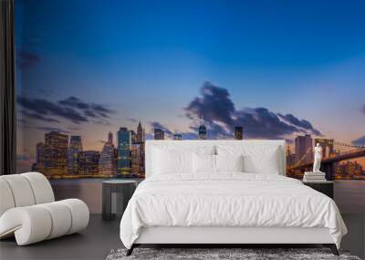 Brooklyn bridge and downtown New York City in beautiful sunset Wall mural