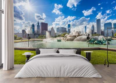 Buckingham fountain and Chicago downtown skyline Wall mural