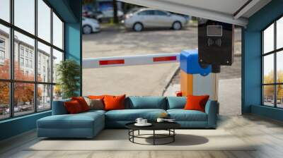 car park automatic entry system.Security system for building access - barrier gate stop with toll booth, traffic cones. Wall mural