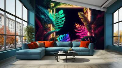 Colorful tropical leaves with neon frame on dark background. Generative AI.	 Wall mural