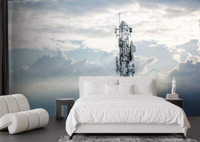 Communication tower top. Radio antenna Tower , microwave antenna tower on light sky background. wireless technology concept. communication development concept. image for objects and article. Wall mural