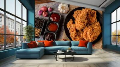 crispy fried chicken plate. delicious homemade crispy fried chicken. crunchy fried chicken ready to  Wall mural