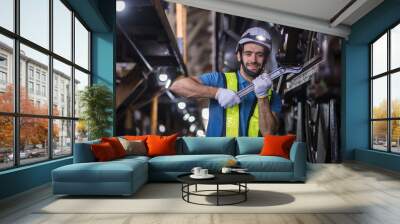 Engineer checking construction process railway and checking work on railroad station . Railway engineer checking machines in train station. Train engineer concept Wall mural