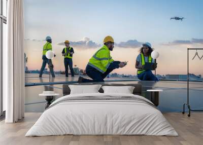 Engineer working setup Solar panel at the roof top. Engineer or worker work on solar panels or solar cells on the roof of business building Wall mural