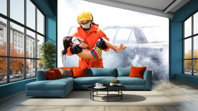 Firefighter to save girl in fire and smoke. Rescue Team or Firefighters save lives people from fire. Firefighter or Emergency team rescue saving life people from fire. Wall mural