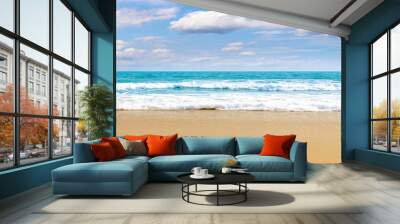 Panorama Tropical beach Natural background for summer vacation. Panorama Photo Turquoise ocean water and blue sky with clouds in sunny day. Beautiful beach with white sand Wall mural