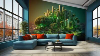 Smart city on circuit board background. Futuristic cyberspace concept. Generative Ai	
 Wall mural