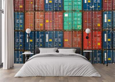 Stack of containers in a harbor. Shipping containers stacked on cargo ship. Background of Stack of Containers at a Port. Wall mural