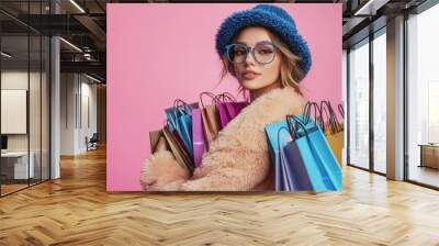 Black friday concept of  Photo of pretty millennial lady carry many packs shopper tourism abroad look unbelievable sales low prices mall wear fluffy jacket sun specs blue hat isola Wall mural