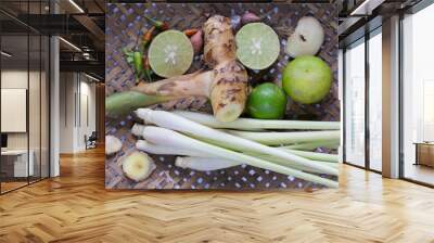 ingredient for spice Thai food on wooden background Wall mural