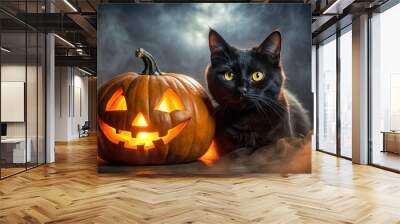 A black cat with eerie eyes peers from behind an orange pumpkin on a misty Halloween night, its Wall mural