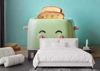 A bright toaster with a smiling face is ready to pop out delicious breakfast goodies at a moment's Wall mural