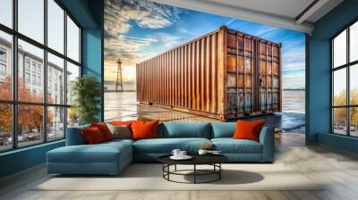 A large, rusty, corrugated metal shipping container sits alone on a desolate, cracked asphalt dock, awaiting cargo or transport at a busy port terminal. Wall mural