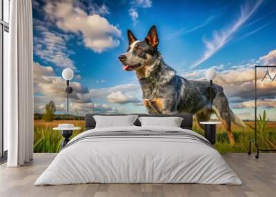 A majestic Blue Australian Cattle Dog poses proudly in an open field, its attention riveted on a clear Wall mural