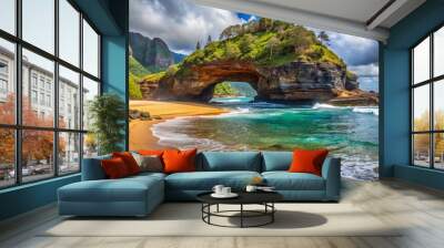 A secluded beach on Kauai's rugged coast boasts a breathtaking rock arch, weathered by the ocean's relentless force Wall mural