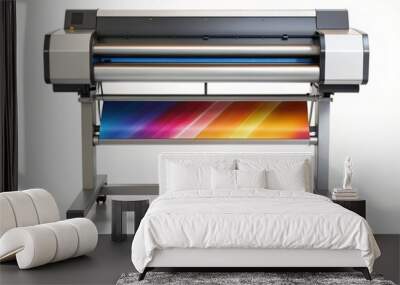 A sleek and modern large format printer stands upright on a pristine white background, its vibrant color touchscreen and sleek design highlighting its advanced capabilities. Wall mural