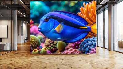 A vibrant Dory blue hippo tang glides gracefully through a colorful coral reef, showcasing its beauty in the Wall mural