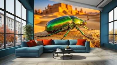 A vibrant green beetle with scarab markings perches on ancient ruins, warm sunlight casting a golden glow on Wall mural