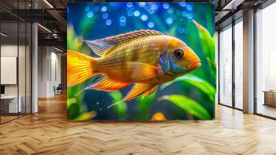 A vibrant Midas cichlid glides gracefully through a freshwater aquarium, surrounded by lush green aquatic plants, Wall mural