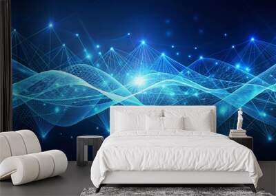 Abstract line waves, Digital waves, Business graph waves and technology graph, Abstract blue technology background with a cyber network grid and connected particles, digital connectivity, Ai Wall mural