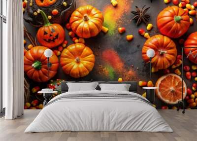 Candy corn and jack-o-lanterns adorn a black and orange canvas, surrounded by cobwebs, gravestones, and spiders' webs, Wall mural