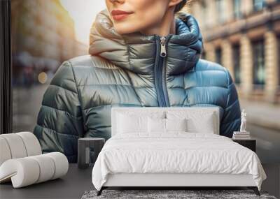 Close-up of a puffer jacket's quilted texture, showcasing soft, padded down filling, against a blurred background of a stylish urban winter outfit. Wall mural