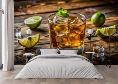 Close-up shot of a glass filled with amber liquid, ice cubes, and a lime wedge on a wooden Wall mural