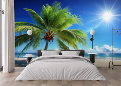 detailed realistic coconut tree illustration bright blue sunny day clear sky warm sandy beach Wall mural