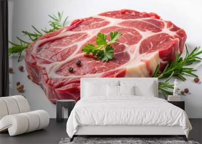 Freshly cut raw pork neck steak with marbleized fat, laid on a white background, ready for cooking or grilling. Wall mural