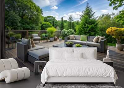 Grey ipe wood planks and modern outdoor furniture blend seamlessly with the lush green backdrop, establishing a Wall mural