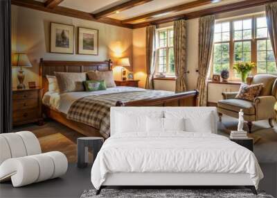 In a traditional British house, the bedroom exudes cozy luxury with a sturdy wooden bed frame, plush bedding, Wall mural