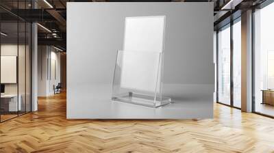 Isolated transparent glass plastic holder showcasing a blank flyer mockup, perfect for custom pamphlet design presentation, on a clean plain background, ideal for creative projects. Wall mural